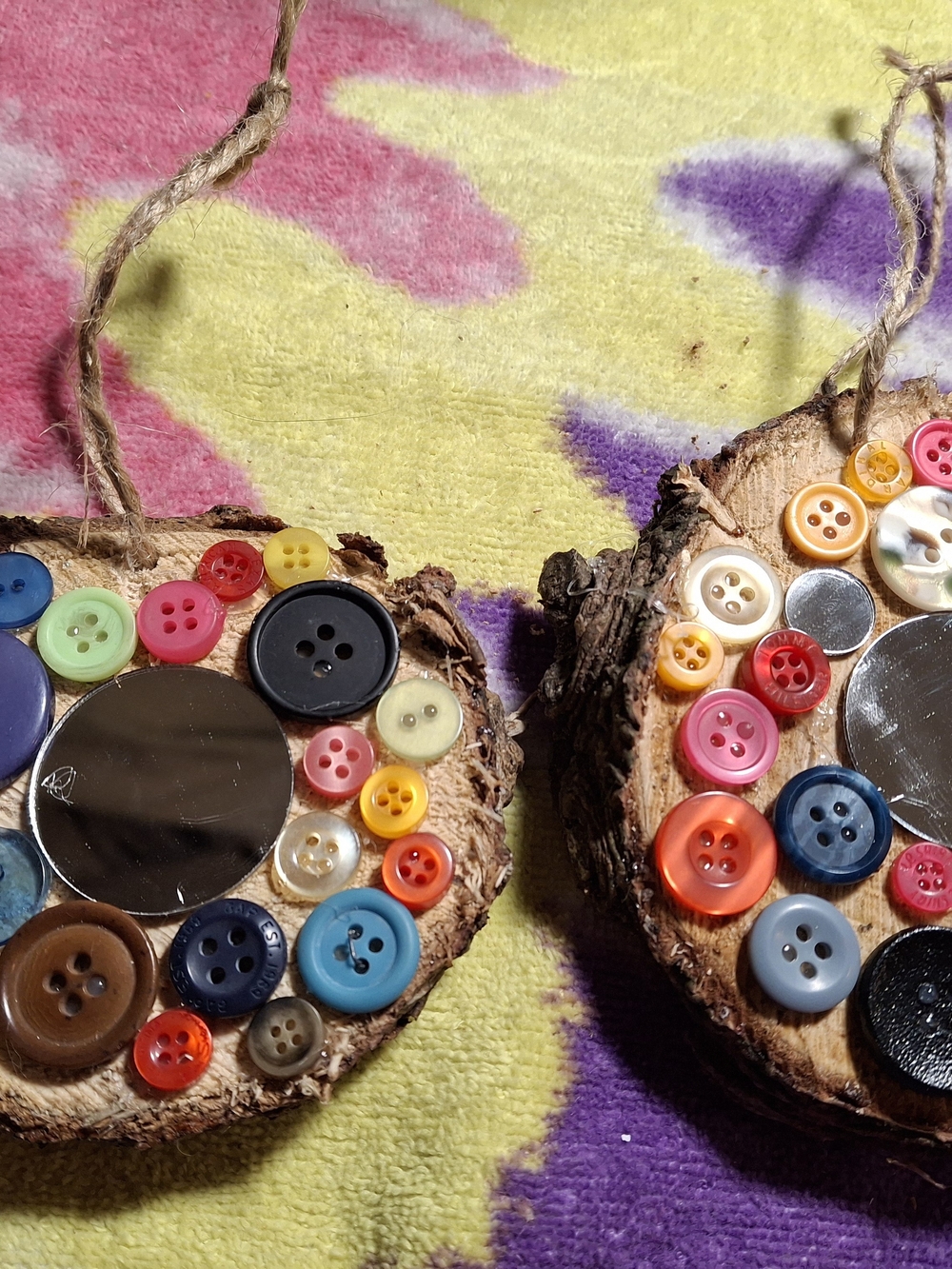Handmade Button Ornament Pair - Multicolor Rustic Holiday Décor